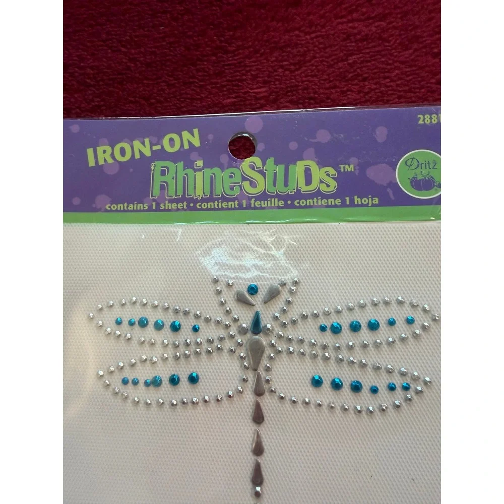 Dritz Iron-On RhineStuds Dragonfly Applique Blue Silver Heat Transfer 2881 NEW